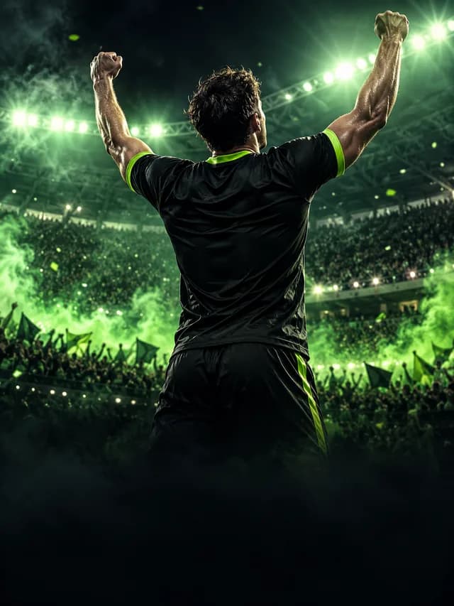 Footballer celebrating beneath green stadium floodlights