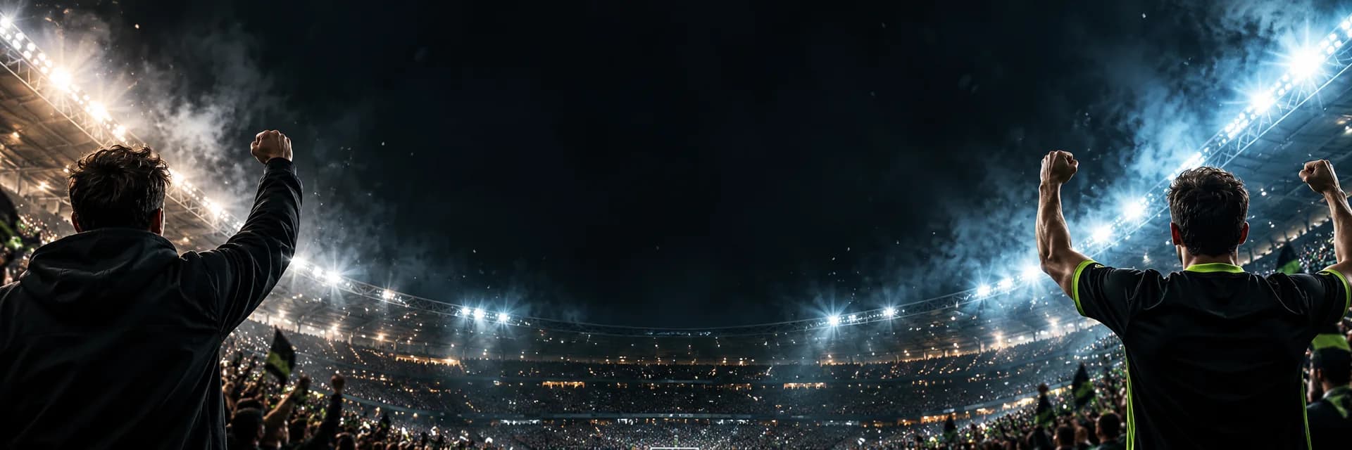 Supporters facing a floodlit stadium and cheering crowd