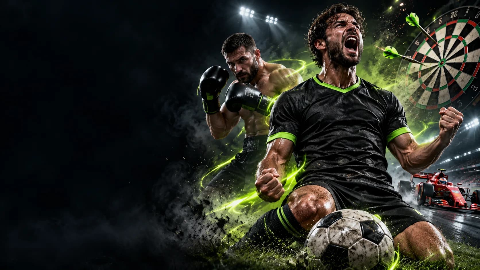 Cinematic football and boxing athletes with darts and racing imagery
